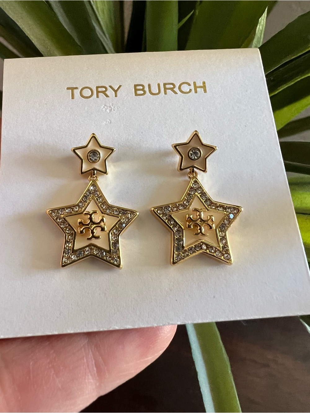 Tory Burch Gold Star Pave Logo T Drop Earrings